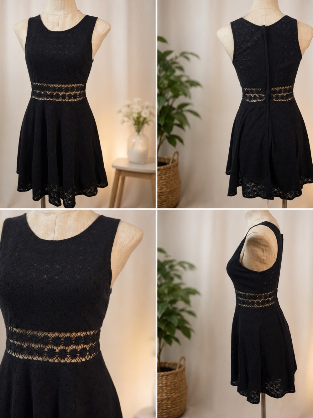 Free People Black Lace Mini Dress with Waist Cutouts Size 4.
